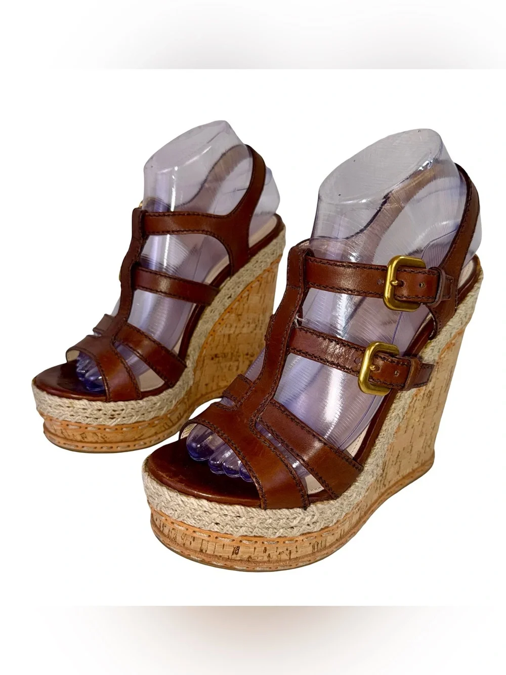 PRADA BROWN LEATHER STRAPPY SANDALS WITH CORK WEDGE HEELS